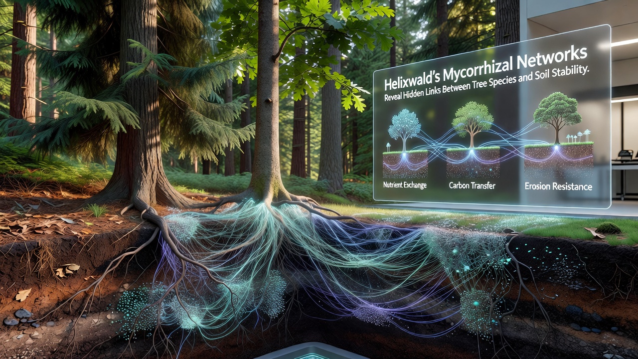 Close-up of soil core sample from Helixwald displaying dense mycorrhizal hyphae binding tree roots and soil particles