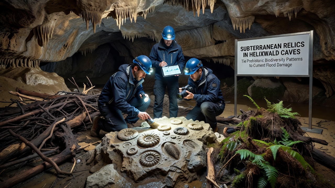 Researchers examining sediment layers inside Helixwald Caves with equipment for measuring contamination levels